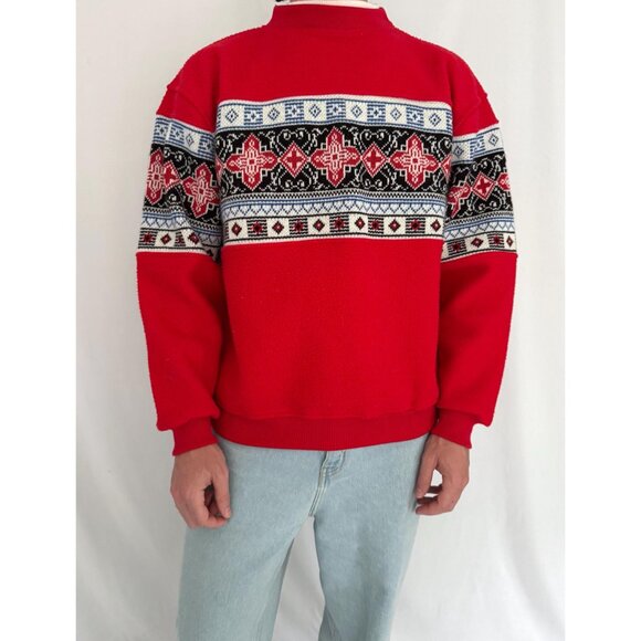 90s vintage red nordic aztec print unisex mens cozy fleece knit pullover sweater - Picture 2 of 10